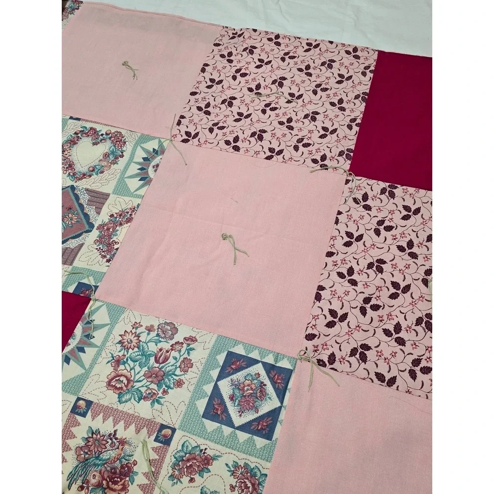 New Handmade Patchwork Quilt Pink Floral Green Folk Art Full Throw Blanket /0188